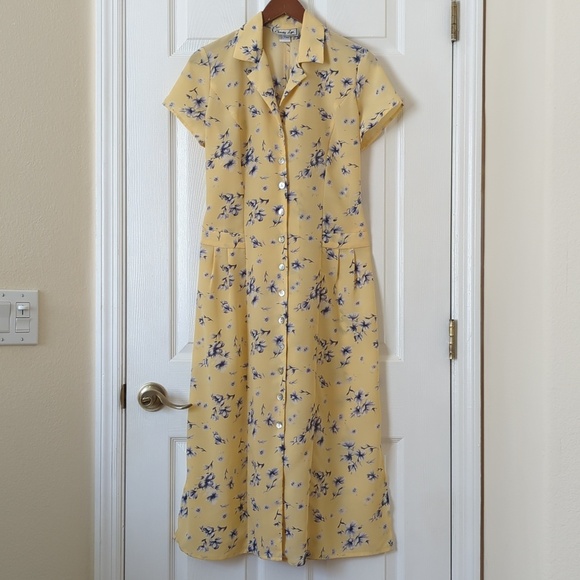 Christy Lyn Dresses & Skirts - Christy Lyn 90's Vintage Floral Short Sleeve Button Front Midi Dress Yellow 4